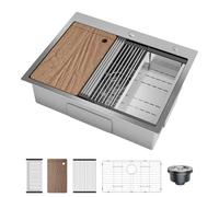 London Boutique Drop-in Kitchen Basin, Single Bowl Top Mount Stainless Steel Drain Kit, Mounting Clips & Accessories, Easy Install - Single hole-25x22x9inch, 5-piece Set-new, Stainless Steel