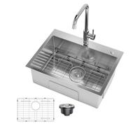 London Boutique Drop-in Kitchen Basin Workstation, Single Bowl Top Mount 304 Stainless Steel Pull-Out Hot/Cold Faucet, Cutting Board & Drying Rack, X-Drain, Soundproofing, R10 - Single