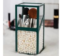 London Boutique Large Makeup Organiser Cosmetic Storage Makeup Brush Holder with Lid Dustproof Pearls (Pine Green)