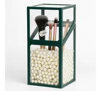 London Boutique Luxury Glass Makeup Brush Holder with Pearl Beads, 21cm Height, Dustproof Lid, Available in White/Black/Green (Green)