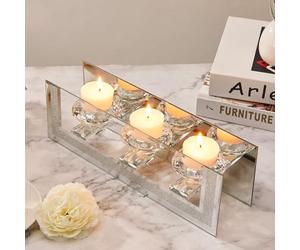 London Boutique Mirrored Candle Holder for 3 Candles - Sparkling Silver Frame with K9 Crystal Holders, Luxury Glass Tea Light & Votive Display Stand, Home Décor & Gift Idea (Round Cups)