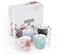 London Boutique Mugs Cups Gift Set China Mugs Set of 4 Vintage Shabby Chic Flora 4 Colours Gift for Women 350ml (Roses)