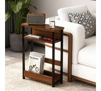 London Boutique Narrow Side Table, 3 Tier End Table With Storage Shelf And Magazine Rack For Living Room, Bedroom, Walnut