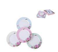 London Boutique Porcelain Side Dessert Plates 7 Inches Wide Rimmed Shabby Chic Vintage Bird Butterly Floral set 4 in Gift box (1 Set)