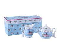 London Boutique Porcelain Teapot Sets Teapot Sugar Bowl and Cream Milk Jug Shabby Chic Vintage Floral in Gift box (Cream & Sugar Set Rose Blue)