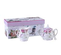 London Boutique Porcelain Teapot Sets Teapot Sugar Bowl and Cream Milk Jug Shabby Chic Vintage Floral in Gift box (Cream & Sugar Set Bird Rose Butterfly)