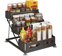 London Boutique Spice Rack Organiser, 3 Tier Kitchen Shelf, Foldable Adjustable Seasoning Rack, Black Countertop Storage