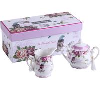 Sugar Bowl and Cream Milk Jug Shabby Chic Vintage Floral in Gift box (Cream & Sugar Set Bird Rose Butterfly) London Boutique Rose One Size