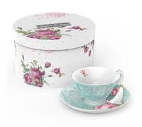 Tea Cup and Saucer Set 1 Afternoon Tea Set New Bone China Vintage Flora Gift Box 200m (Turquoise) London Boutique Turquoise One Size