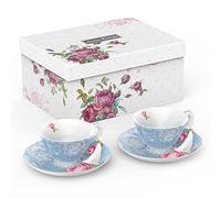 Tea Cup and Saucer Set 2 Afternoon Tea Set New Bone China Vintage Flora Gift Box 200m (Blue) London Boutique Blue One Size