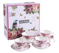 Coffee Tea cup and Saucer set 4 Shabby Chic Vintage porcelain Bird Butterfly Flora Gift Box (Bird Rose Butterfly) London Boutique Rose One Size