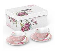 London Boutique Tea Cup & Saucer Set 2 Afternoon Tea Set New Bone China Vintage Flora Gift Box 200m (Pink) in Pink London Boutique Pink
