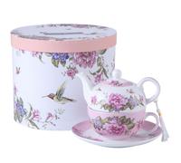 London Boutique Tea For One Teapot Cup Saucer Set Flora Bird Rose Butterfly Beige in Pink | Size: 26.4L London Boutique Pink 26.4L