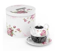 London Boutique Tea for One Teapot Teacup Saucer Set Afternoon Tea Set for 1 New Bone China Vintage Flora Gift for Women 350m (Black)