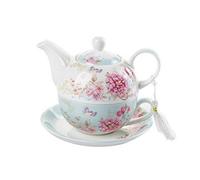 London Boutique Tea For One Teapot Cup Suacer Set Shaby Chic Flora Bird Rose Butterfly Porcelain Gift Box (Blue)