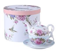 London Boutique Tea for One Teapot Cup suacer Set Shaby Chic Flora Bird Rose Butterfly Porcelain Gift Box (Blue)