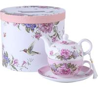 London Boutique Tea For One Teapot Cup Suacer Set Shaby Chic Flora Bird Rose Butterfly Porcelain Gift Box (Pink)