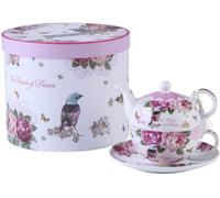 London Boutique Tea For One Teapot Cup Suacer Set Vintage Flora Rose Lavender Porcelain Gift Box (Bird Rose Butterfly)