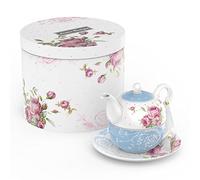 London Boutique Tea for One Teapot Tea Cup Saucer Set Gifts for Women Tea Set for 1 New Bone China Vintage Flora Gift for Her 350m (Blue)