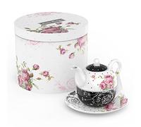 London Boutique Tea for One Teapot Teacup Saucer Set Afternoon Tea Set for 1 New Bone China Vintage Flora Gift for Women 350m (Black)