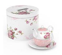 London Boutique Tea for One Teapot Teacup Saucer Set Afternoon Tea Set for 1 New Bone China Vintage Flora Gift for Women 350ml (Pink)