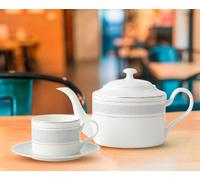 London Boutique Teapot With Built-in Filter for Loose Leaf Tea, 1.3L Large, White With Silver Rim, Lightweight Fina China Set - Perfect for Tea Lovers