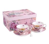London Boutique Vintage Summer Tea Cup and Saucer Set for 2 with Gift Box - Pink Floral Porcelain Coffee Tea Cups and Saucers, Elegant Vintage Afternoon Tea Set, 220ml
