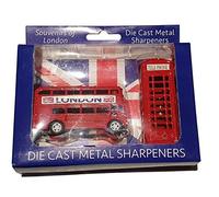 London Bus and Telephone Box Pencil Sharpener Set - Die Cast Metal/Red Double-decker Routemaster and Phone Booth/British Souvenir from England UK/for School Home or Office