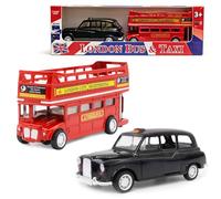 London Bus Diecast Model Double Decker Red Bus and Black Taxi Mini Models 1:32 Scale Pull-Back Buses Model Alloy Diecast Toy Vehicles Taxi Toys Metal Die Cast Free Wheeling Toy Birthday Gifts for Kids