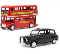London Bus Diecast Model Double Decker Red Bus and Black Taxi Mini Models 1:32 Scale Pull-Back Buses Model Alloy Diecast Toy Vehicles Taxi Toys Metal Die Cast Free Wheeling Toy Gifts for Adults
