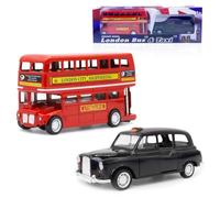 London Bus Diecast Model Double Decker Red Bus and Black Taxi Mini Models 1:32 Scale Pull-Back Buses Model Alloy Diecast Toy Vehicles Taxi Toys Metal Die Cast Free Wheeling Toy Gifts for Kids-C