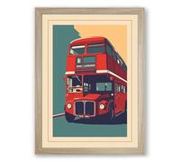 London Bus in Colour Art Deco Framed Wall Art Print A4 (29.7×21cm) Oak, Wall Decor for Living Room, Bedroom, Office & Home, Ready to Hang, Art Gift