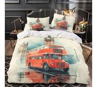 London Bus Scene Comforter Cover 3D Design Printed All Season 3 Piece Bedding Set Zipper watercolor Cityscape Quilt Cover Ultra Soft Washable for Kids Teens Adults Women Youth King（220x240cm）