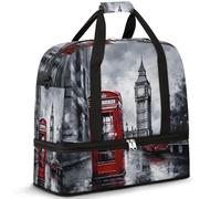 London Bus Travel Duffel Bag for Women Men, British Big Ben Foldable Sports Gym Bag Weekend Overnight Totes Carry on Cabin Bag with Shoes Compartment