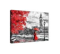 London Canvas Wall Art Big Ben Red Umbrella Oil Painting Contemporary Street View Artwork Black White Giclee Picture Print Romantic Home Decor for Living Room Bedroom, Framed (Artwork-01, 16"x24")