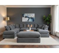 London Cinema U Shape Sofa , Corner Sofa And Big Footstool,grey Jumbo Cord Fabric ,fluffy Fibre Seats