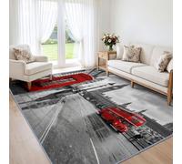 London City Street Big Ben Machine Washable Rug for Living Room | Soft Non-Shedding Low Pile Rug Red Double Decker Bus, Anti-Slip Carpet for Bedroom, Dining Room and Home Office 120x170cm