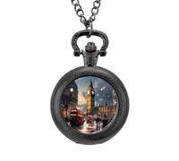 London City Vintage Pocket Watch Alloy Pendant Watches Necklace Gift for Men Women Black-Style