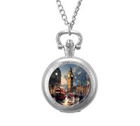London City Vintage Pocket Watch Alloy Pendant Watches Necklace Gift for Men Women Silver-Style