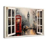 London City Wall Art 3D Fake Window View Big Ben Cityscape Artwork Red Telephone Booth in Paris Street Landscape Painting Travel Landmark Picture for Living Room Bedroom Home Office Decoration 60x90cm
