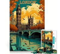 London Cityscape Autumn Illustration Jigsaw Puzzles for Teenagers 1000 Piece Logic Build Sharp Color Fun Hobby Art Work (38x52cm)
