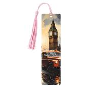 London Color Taxi Print Wooden Bookmark - Cute Book Mark with Pink Tassel, for Book Lovers Teacher Classroom Gift