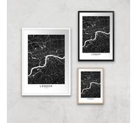 London Dark City Map Giclee Art Print - A4 - Wooden Frame