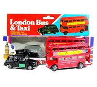 London Double Decker Red Bus and Black Taxi Models (Moving Wheel Action) Made of Die Cast Metal and Plastic Parts