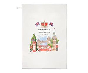 London Drawing King Charles III Tea Towel Dish Cloth King's Coronation Commemorative Souvenir Gift His Majesty 6th May 2023