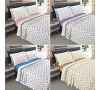 London Dream 3 Piece Flannel Rose Bud Bedding Sheets Set (Fitted Sheet, Flat Sheet, Pillowcase) Thermal Flannelette Rosebud 100% Brushed Cotton Bedsheet Sets (Single, Blue)