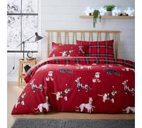 London Dream Christmas Dogs Print Duvet Cover Set Polycotton Reversible Tartan Check Quilt Cover Bedding Set with Pillowcases (Red, Double - 200 x 200 cm)