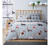 London Dream Christmas Dogs Print Duvet Cover Set Polycotton Reversible Tartan Check Quilt Cover Bedding Set with Pillowcases (Grey, King - 230 x 220 cm)