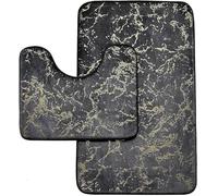 London Dream Marble 2 Piece Bath Mat & Pedestal Mat Set - Non Slip Washable Extra Absorbent Glitter Bathroom Mats, Quick Dry Soft Floor Rugs for Toilet Shower (Grey/Gold)
