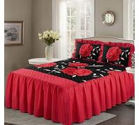 London Dream Rosaleen Quilted Bedspread with Matching One Pillow Sham - Valance Style 23" Deep Frilled Bed Spreads Floral Design Bedding Set (Black/Red, Single 2-Piece)